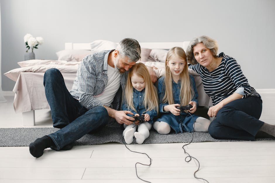 People using streaming and gaming devices in a busy living room to show lower lag with Wi‑Fi 7