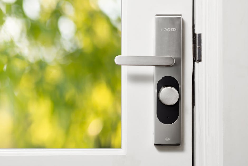 Smart door lock on a modern front entry with a keypad